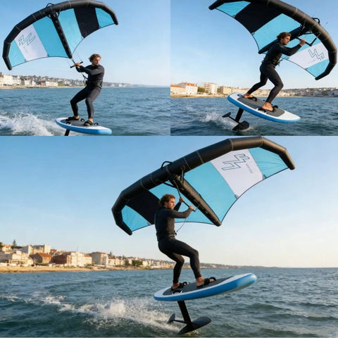 Man using Inflatable Wing Foil Surfboard Kit With Pump Portable Hydrofoil Board For Surfing Lightweight And Easy To Pack Without Foil Grab And Go Water Sports Kit For Outdoor Wave Riders on water.