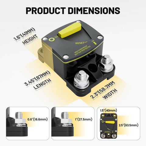 50 Amp Manual Reset Circuit Breaker With Kill Switch For DC 12-48V Car Audio RV Boat Marine Truck Trolling Motors Stereo Battery And Solar System dimensions view
