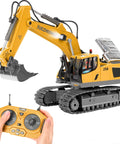 RC excavator toy, front view with yellow body, black tracks and remote control