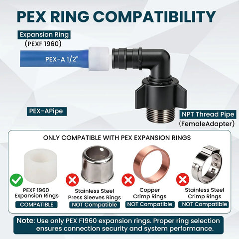Dead Simple Swivel Elbow Plumbing Fittings For Pex Pipe Built Tough 1/2 Inch To 1/2 Inch Npt Threads Heavy Duty 5 Pack with PEX compatibility guide.