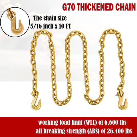 Heavy Duty 5/16-3/8 Inch Chain Binders Set Of 2 With 5/16 X 10 Ft Chains, Grade 70 Load Transport Bindings And Chains, Grappling Hook