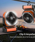 Camping Fan With Light 20000mAh Battery With USB Charging shown on table and hanging for camping use.