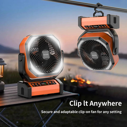 Camping Fan With Light 20000mAh Battery With USB Charging shown on table and hanging for camping use.
