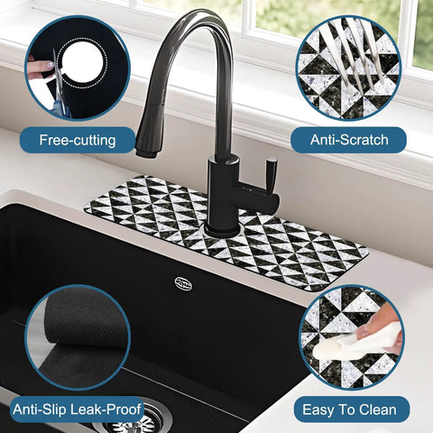 Go To Sink Mat With Faucet Splash Guard, Super Absorbent Diatom Mud, Fast Drying, Mosaic Texture, 15.5 x 5.5 Inches behind faucet