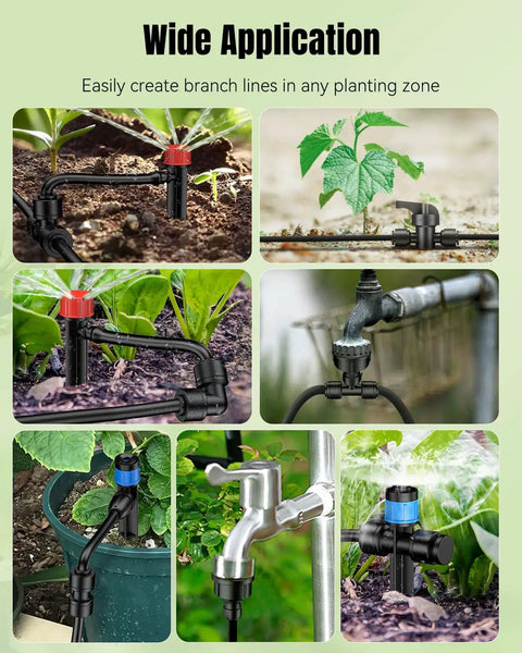 44 Piece Quick Connect Drip Irrigation Fittings Kit for One Quarter Inch Tubing with Push To Fit Connectors in garden setup
