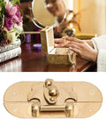 Sturdy Brass Latch Hasp for Jewelry Box and Cabinet, Old School Retro Decorative Buckle Lock, Includes Five Screws, Classic Wood Box Hardware, Secure Closure for Drawers, Cases or Keepsakes, Vintage Charm, displayed open on table with hands holding jewelry.