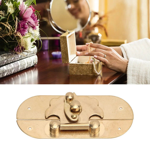 Sturdy Brass Latch Hasp for Jewelry Box and Cabinet, Old School Retro Decorative Buckle Lock, Includes Five Screws, Classic Wood Box Hardware, Secure Closure for Drawers, Cases or Keepsakes, Vintage Charm, displayed open on table with hands holding jewelry.