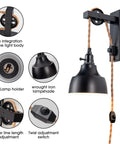 Two Pack Dimmable Pulley Wall Sconces In Vintage Black Finish Plug In Lighting With Cord And On Off Switch Adjustable Height Hanging Lamps For Bedroom Living Room Dining Area Rustic Country Style showing features like iron lampshade and E26 lamp holder.