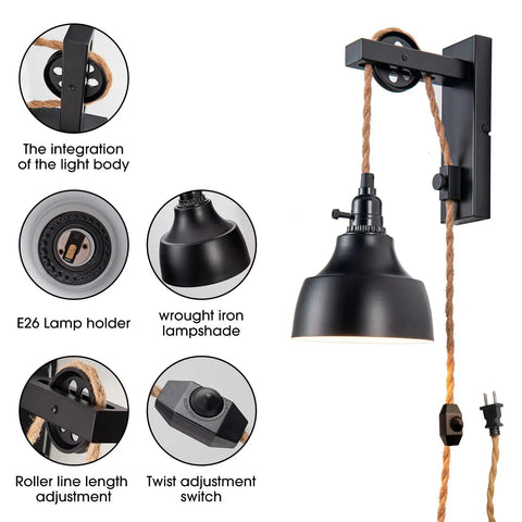 Two Pack Dimmable Pulley Wall Sconces In Vintage Black Finish Plug In Lighting With Cord And On Off Switch Adjustable Height Hanging Lamps For Bedroom Living Room Dining Area Rustic Country Style showing features like iron lampshade and E26 lamp holder.