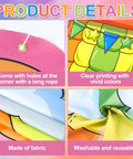 Hot Air Balloon Photo Booth Props Two Piece Set With Colorful Backdrop Banner details with rope, vivid colors, and fabric.