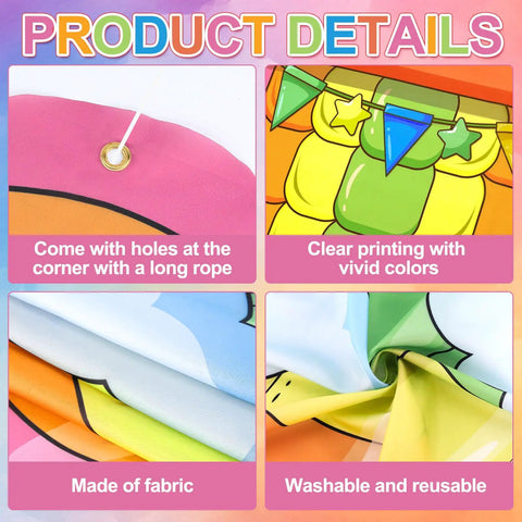 Hot Air Balloon Photo Booth Props Two Piece Set With Colorful Backdrop Banner details with rope, vivid colors, and fabric.