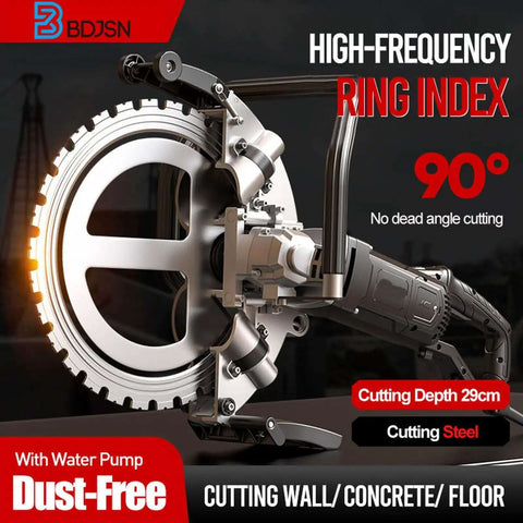 Hardcore Heavy Duty Electric Concrete Ring Saw 5200W Handheld Wall Cutter With Integrated Water Pump And Hose For Smooth 11 4 Inch Deep Grooves In Brick Or Rebar Steel close-up of the cutting blade and motor.