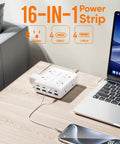 Real Deal Flat Plug Power Strip With 10 Foot Extension Cord Featuring Eight Widely Spaced Outlets And 4 Usb A Plus 4 Usb C Fast Charge Ports Perfect For Your Everyday Desk Setup Home Office Or Dorm Room Essential White on desk with devices