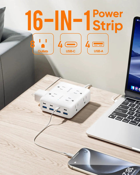 Real Deal Flat Plug Power Strip With 10 Foot Extension Cord Featuring Eight Widely Spaced Outlets And 4 Usb A Plus 4 Usb C Fast Charge Ports Perfect For Your Everyday Desk Setup Home Office Or Dorm Room Essential White on desk with devices