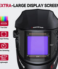Front view of Dope Auto Darkening Welding Helmet With Large Viewing Screen Solar Powered Four Arc Sensors Top Optical Clarity 1 1 1 1 Wide Shade Range 4 To 13 For TIG MIG ARC Welding And Cutting displaying dimensions and features.