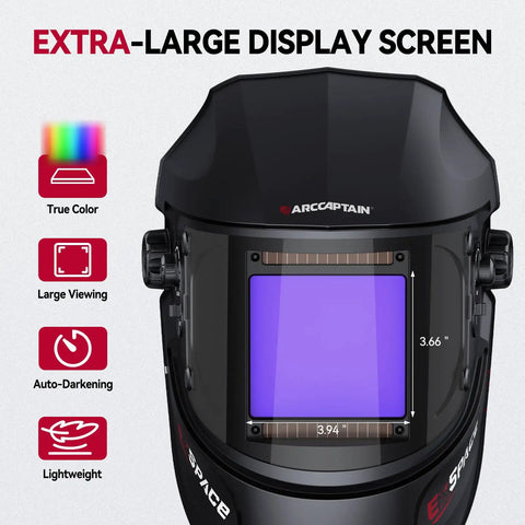 Front view of Dope Auto Darkening Welding Helmet With Large Viewing Screen Solar Powered Four Arc Sensors Top Optical Clarity 1 1 1 1 Wide Shade Range 4 To 13 For TIG MIG ARC Welding And Cutting displaying dimensions and features.