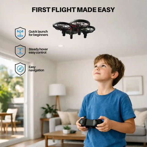 Young boy using Kid Friendly Indoor Drone With Obstacle Avoidance And 20 Minute Flight Time With Two Batteries Included indoors