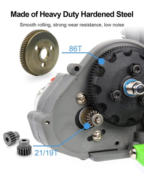 Beefed Up Heavy Duty Steel Spur Gear Set 48P 86T for 1/10 Traxxas Slash 2WD featuring 19T and 21T pinions, mounted in RC car.