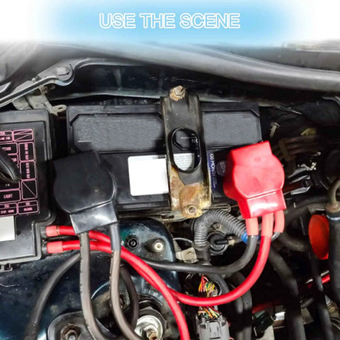 Badass Heavy Duty Battery Terminal Connectors Kit With 2 Gauge Copper Lugs Heat Shrink Tubing Anti Corrosion Washers and Tough Covers for Cars Trucks and Marine Boats shown installed in a vehicle.