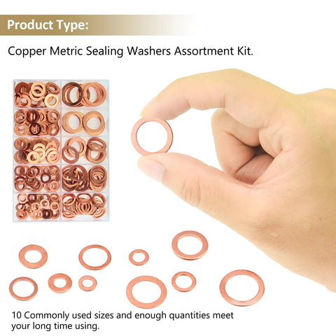 Copper Washer Set 225 Pieces With Seven Sizes M5 To M16, shown with hand holding a single copper washer.