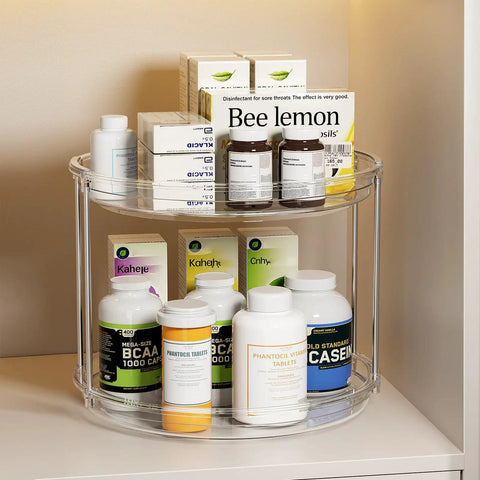 Smooth Spinning Two Tier Lazy Susan Turntable Organizer For Kitchen Pantry Fridge And Bathroom Vanity Spice Rack Storage Total No Fuss Slick Compact 9.25 Inch Dual Pack System with health supplements on a clear organizer.