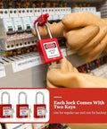 Pro Grade Electrical Lockout Tagout Kit With Three Safety Locks Two Circuit Breaker Locks being applied to a breaker