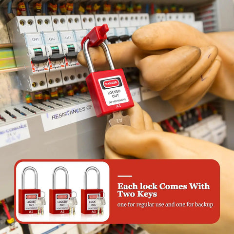 Pro Grade Electrical Lockout Tagout Kit With Three Safety Locks Two Circuit Breaker Locks being applied to a breaker