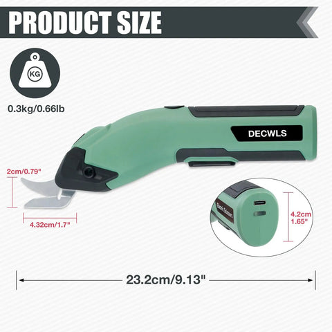 Lightweight Cordless 4V Electric Shears That Slice Fabric And Cardboard Like Butter Ergonomic Zero Fatigue Grip, showing product size and dimensions.