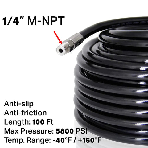 Pressure Washer Sewer Jetter Kit Pro Grade With 100 Ft Drain Cleaning Hose One Quarter Inch NPT Button Nose Rotating Sewer Jetting Nozzle Orifices 4.0 4.5 5.5 5800 PSI Ideal For Tough Clogs And Fast Drain Flow