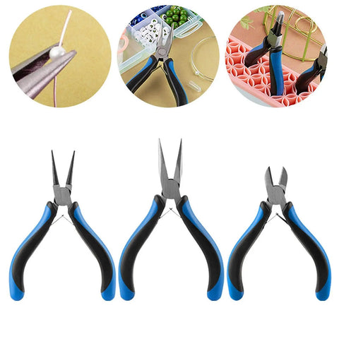 Three Piece Pliers Set for DIY Jewelry Making and Repairs With Carbon Steel Build, Sturdy Lightweight Tools and Non Slip Grips, Easy to Use Crafting Kit for Cutting, Bending, Wire Trimming, three pliers