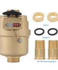 Three Quarter Inch Non Pulsed Rotary Piston Water Meter with brass construction, showing meter, nuts, gaskets, and NPT brass couplings.