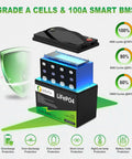 12V 100Ah LiFePO4 Battery Group 31 With 100A BMS Grade A Cells, exploded view and certification icons