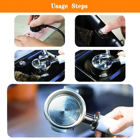 Usage steps for Pro Grade Portable Electric Portafilter Cleaning Machine And Espresso Knock Box With Triple Scrapers Plus Brush Head.