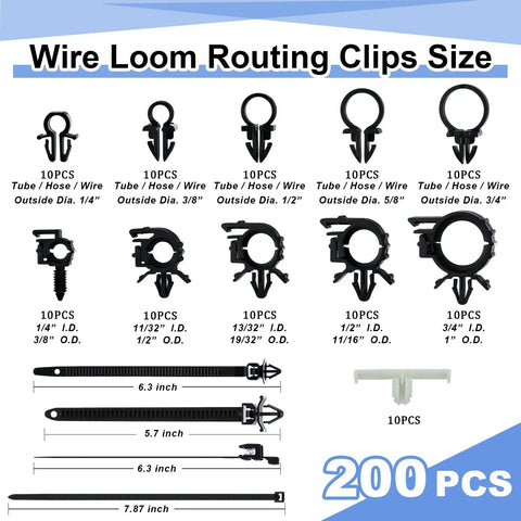 Assorted sizes of 200 Piece Car Wire Loom Routing Clips Push Mount Assortment DIY Friendly with cable ties and retainers displayed