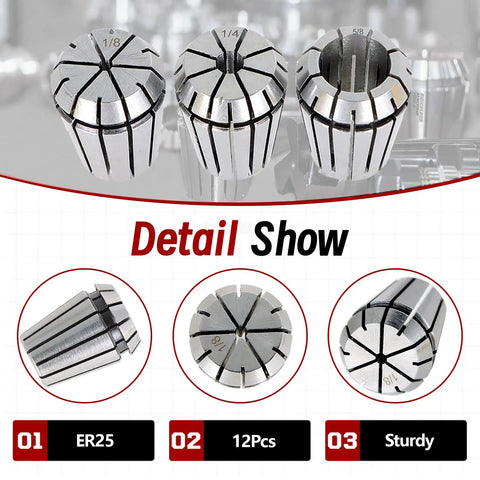 ER25 Spring Collet Set 12 Pcs For CNC Milling Lathe Tool Engraving with varied grip sizes and precision details