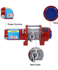 Heavy Duty 4500lb Electric Winch Kit With Roller Fairlead And Remote Control For Trucks Trailers SUVs showing power terminal and steel cable.