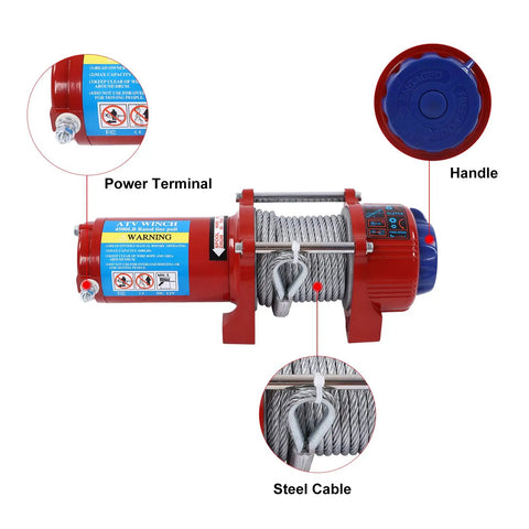 Heavy Duty 4500lb Electric Winch Kit With Roller Fairlead And Remote Control For Trucks Trailers SUVs showing power terminal and steel cable.