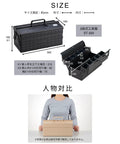 Heavy Duty 2 Tier Steel Tool Box Military Green size diagram with dimensions, showcasing tool organization and sturdy locks.