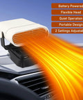 Compact battery operated car heater with flexible head, showcasing warm air flow and adjustable heat settings for quick defrosting.