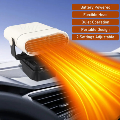 Compact battery operated car heater with flexible head, showcasing warm air flow and adjustable heat settings for quick defrosting.