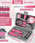 Compact Tool Box Set For Women With 24 Piece Essential DIY Starter Tools in pink case with organized compartments for easy access.