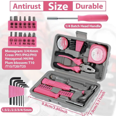 Compact Tool Box Set For Women With 24 Piece Essential DIY Starter Tools in pink case with organized compartments for easy access.