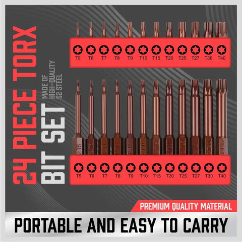 24-piece Tamper Proof Torx Screwdriver Bit Set in red holder featuring T5 through T40, hardened S2 steel construction for tough jobs