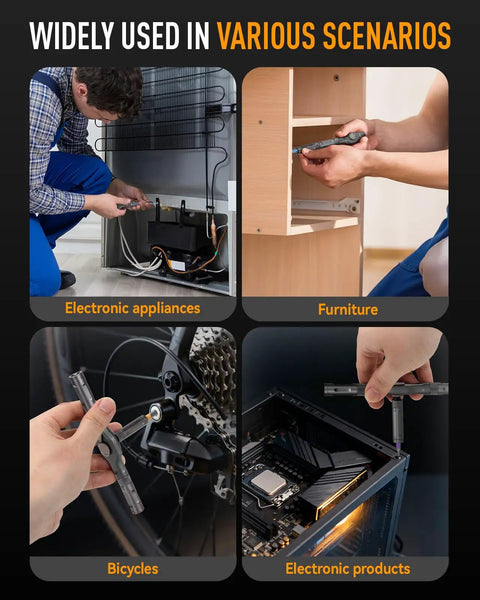 Magnetic 42 In 1 T Handle Ratchet Screwdriver Set With S2 Steel Bits used on appliances, furniture, bicycles, and electronics.