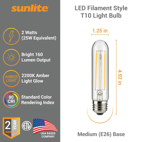 LED Filament T10 Tubular Light Bulb 2 Watt Equivalent 160 Lumen Dimmable E26 Base Soft White 2700K Edison Style