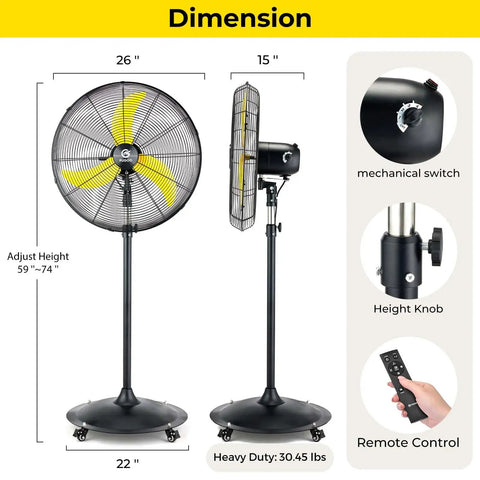 Whisper Quiet 24 Inch Industrial Pedestal Fan With Brushless DC Motor 5000 CFM Waterproof Heavy Duty Fan with remote control