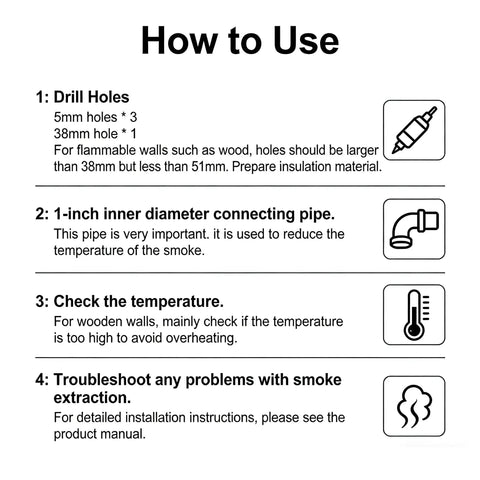 Installation instructions for Stainless Steel 316 Through Hull Exhaust Skin, detailing hole drilling, pipe usage, temperature check.