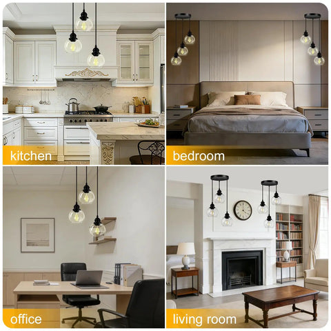 Three Light Pendant Light With Clear Glass Shades, Matte Black Finish shown in kitchen, bedroom, office, living room