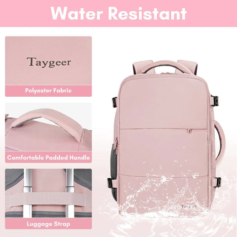 Women Travel Backpack Carry On With Shoe Compartment And Water Bottle Pocket, TSA 15.6 Inch Laptop, Pink, with splash-proof surface.