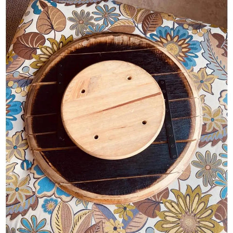 Bottom view of Turquoise Barrel Head Lazy Susan 10 Inch Wooden Turntable Serving Tray For Dining Table Or Vanity Handmade Rustic Modern Centerpiece